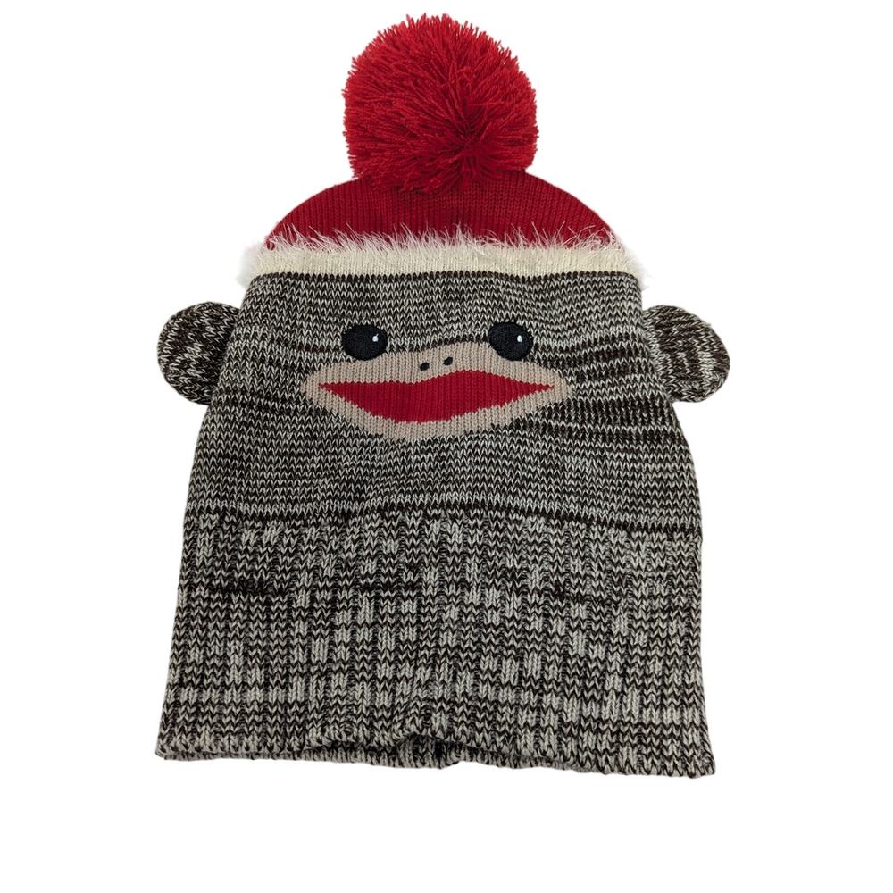Sock Monkey Beanie Hat With Pom Pom OS